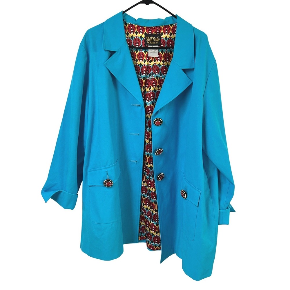 Bob Mackie Wearable Art Ladybug Lined Statement Coat XL Blue Whimsical Kitsch